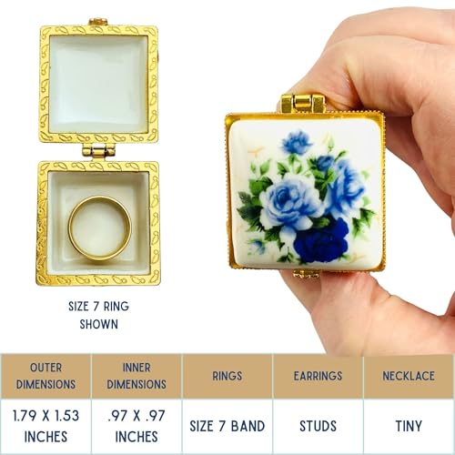 Tiny Square Porcelain Trinket Box | Blue Rose Bouquet | French Style Gift Box with Velvet Bag - style: Blue Rose Bouquet Square
