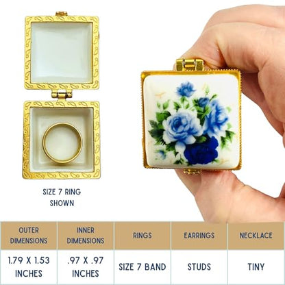 Tiny Square Porcelain Trinket Box | Blue Rose Bouquet | French Style Gift Box with Velvet Bag - style: Blue Rose Bouquet Square