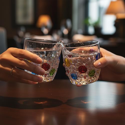 Handmade Crystal Water Glasses, So Cute, Colored Beaded, Set of 6, Bubble Design, 11oz Modern Hobnail Drinking Glasses, for Water,Whiskey, Wine, Beer,Juice,Cocktail,Coffee, Champagne, Gift