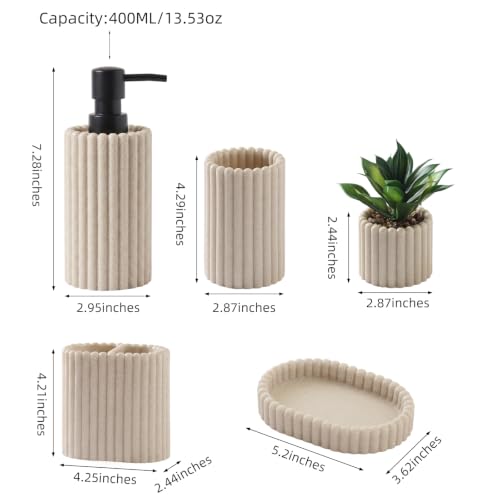 Bathroom Accessories Set,Sandstone Look Beige, Thick Stripe, 5 PCS | Modern, Minimalist, Included 13.5 OZ Soap Dispenser, Toothbrush Holder, Tumbler, Bar Soap Holder, Faux Potted Plant - color: Beige 5pcs