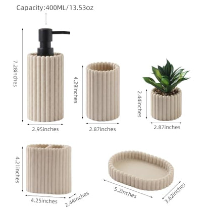 Bathroom Accessories Set,Sandstone Look Beige, Thick Stripe, 5 PCS | Modern, Minimalist, Included 13.5 OZ Soap Dispenser, Toothbrush Holder, Tumbler, Bar Soap Holder, Faux Potted Plant - color: Beige 5pcs