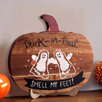 Baby First Halloween DIY Pumpkin Cutting Board | Trick or Treat Smell My Feet Halloween Footprint DIY Tray Ghost Footprint Pumpkin Cutting Board with 12 Color Paints Brushes - style: Halloween Ghosty Toes