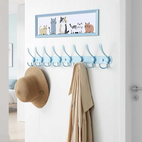 Coat Rack Wall Mount - 29.5” Long 8-Tri-Hooks Heavy Duty Coat Hanger Rail Wall Hooks for Hanging Coats Hats Clothing Clothes Purse Mudroom Entryway, Blue, Pack of 2 - color: Blue, size: L=29.5” (2 Pcs)