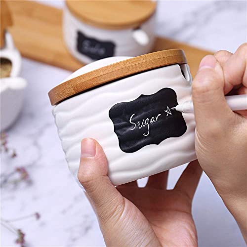 Ceramic Sugar Bowl with Bamboo Lids and Spoons Serving Tray, Porcelain Sugar Container for Sugar Tea Coffee Spice,Salt Condiment with Chalkboard Labels for Home Kitchen ,9.1 fl oz 270 ML,3PCS - color: C-001-3