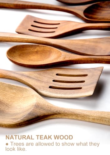 Nucookery Wooden Cooking Utensils Set with Holder, Nonstick Wooden Spoons for Cooking Spatula Set 10 Pcs, Teak Wood Kitchen Utensils Set, Ceramic Utensils Holder for Countertop, White - color: White (wood )