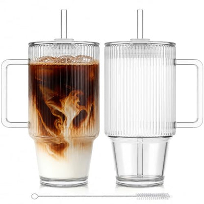 KEMORELA 24oz Ribbed Glass Cups with Lids and Straws,Glass Tumbler with Handle,2 set–Reusable Glass Ice Coffee Cups with Lid and Straw for Smoothies,Tea,Juice,Boba Cup for Cold & Hot Drinks,Travel Cup