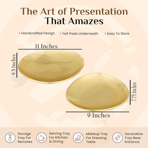 Oval Metal Serving Trays | Stylish Vanity Organizer or Catchall Valet Display | Handmade Metal Platter for Vanity Organizer Tray for Camping, BBQ, Party, Buffet, Appetizer (Gold)