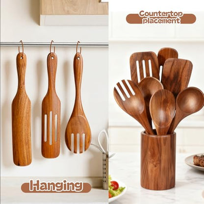 MYRAINBOW Wooden Spoons for Cooking, 10-Piece Teak Wooden Cooking Utensil Set with Holder, Nonstick, Heat Resistant Kitchen Utensils, Durable Wooden Cooking Spoons, Kitchen Cooking Gifts for Women Men - color: 10 Piece Natural Wood Color