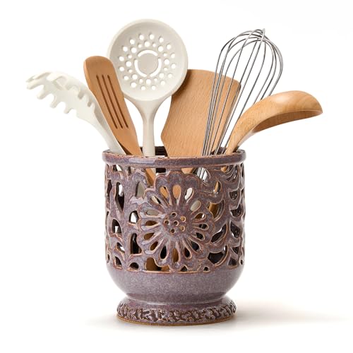 Farmhouse Kitchen Utensil Holder for Countertop, Ceramic Large Cooking Utensil Crock with Cork Mat, Decorative Rustic Utensil Holder for Kitchen Counter, Hollow Carving Flower, Purple - color: Purple