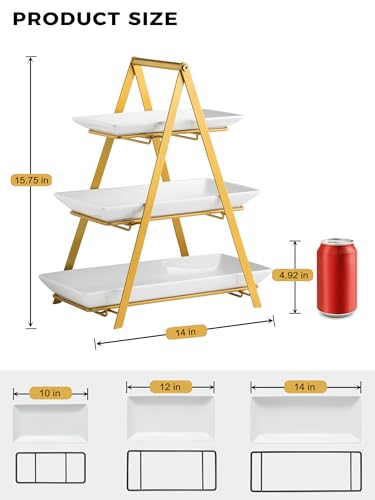 YHOSSEUN 3 Tier Serving Tray, 10+12+14 Inch Serving Platters and Tray, Gold | Porcelain Tiered Tray Stand, 3 Tiered Serving Stand Dessert Stands Treat Table Display Set with Collapsible Sturdier Rack - color: D-Gold Stand, size: 10+12+14 Inches