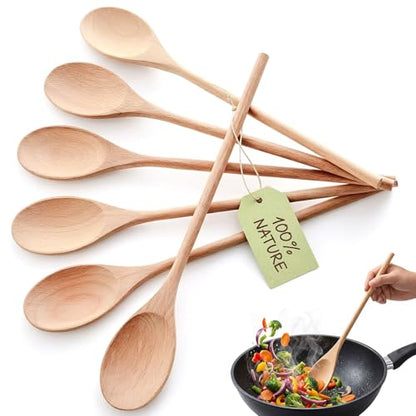 HANSGO Wooden Spoons for Cooking, 12 Inch Long Handle Mixing Spoons, 6 PCS | Large Wood Kitchen Utensils for Tasting, Stirring Food, Hot Soups, Stirring Baking Tasting, DIY Available, Kitchen Gifts - size: 12 inch