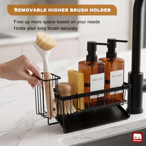 GMISUN Dish Soap Dispenser, 12 Fl oz / 350 ml Dual Soap Dispenser with Sponge Holder, Customized Amber Glass Kitchen Soap Dispensers Set, Modern Hand and Dish Soap Dispensers Set Removable - color: Amber Bottle + Black Rack