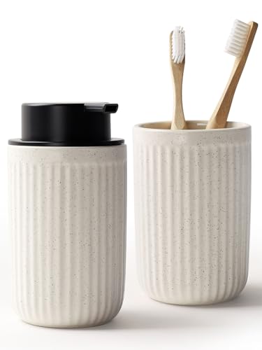 Bosilunlife Soap Dispenser and Toothbrush Holder Set - 11Oz Foam Soap Dispenser Pump Ceramic Bathroom Counter Soap Toothbrush Holder Set Beige Bathroom Accessories Set - color: Beige-cylindrical Stripes Foam