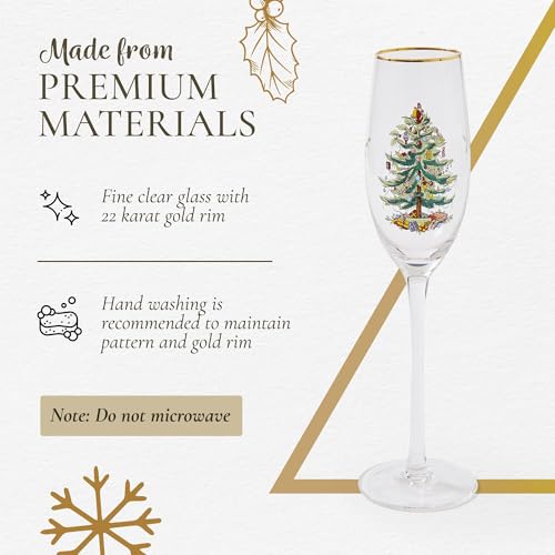 Spode Christmas Tree Gold 8.5oz Champagne Flutes (Set of 4) - Gold Rimmed Glasses, Festive Holiday Drinkware for Christmas Dinner, Wedding Gifts - Classic Holiday Glassware for Wine & Minosas - style: Champagne Flutes