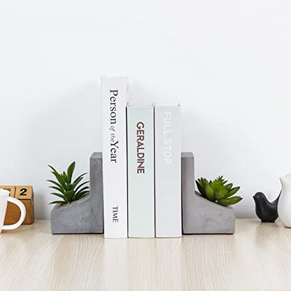 MyGift Concrete L-Shaped Bookends with Artificial Succulent Plants, 1 Pair | Weighted concrete construction helps keep books upright while faux greenery adds a natural decorative accent to shelves - color: Artificial Succulent