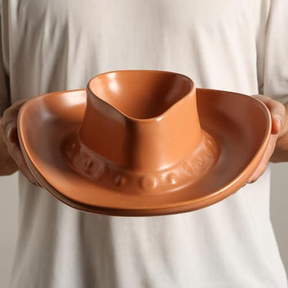 Chip and Dip Serving Set Bowl Cowboy Hat Chips and Salsa Serving Dish Brown. - color: Brown with spots