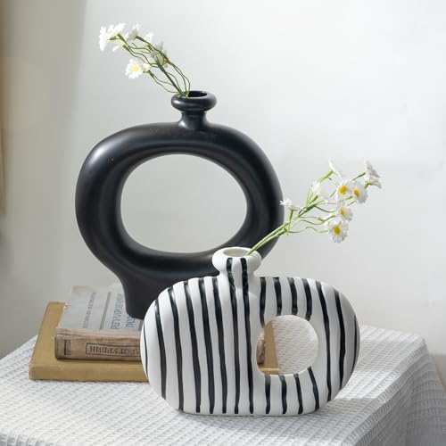 Relexome Donut Vases Set of 2,Black & White Striped Hollow Ceramic Flower Vases,Modern Nordic Minimalist Round Decorative Vase for Pampas Grass,Dried Flowers,Living Room,Table Centerpiece & Home Decor