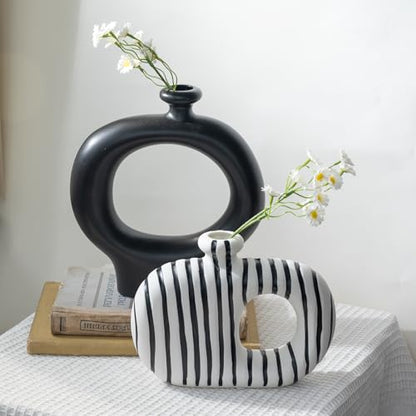 Relexome Donut Vases Set of 2,Black & White Striped Hollow Ceramic Flower Vases,Modern Nordic Minimalist Round Decorative Vase for Pampas Grass,Dried Flowers,Living Room,Table Centerpiece & Home Decor