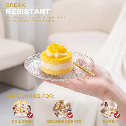 Rubtlamp 200 Pcs Clear Gold Dessert Plates with Forks, 6 inch Hammered Gold Small Disposable Plates, Fancy Appetizer Platos Include 100 Cake Plate,6 inch 100 gold Forks for Birthday, Wedding, Teatime - color: Clear gold