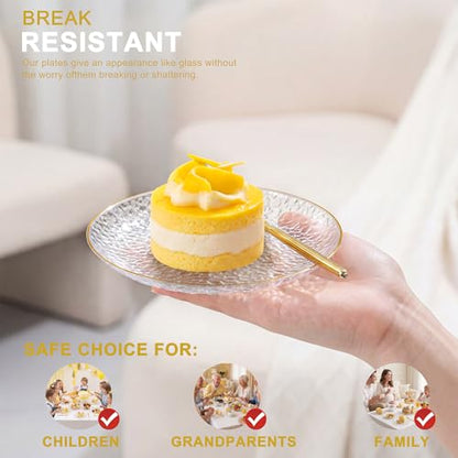 Rubtlamp 200 Pcs Clear Gold Dessert Plates with Forks, 6 inch Hammered Gold Small Disposable Plates, Fancy Appetizer Platos Include 100 Cake Plate,6 inch 100 gold Forks for Birthday, Wedding, Teatime - color: Clear gold