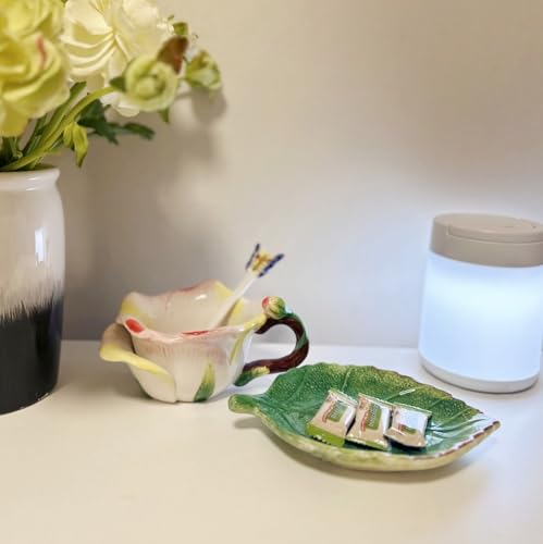 Ceramic Tea Cup and Saucer Set ，6OZ 3D Hand-Painted Flower and Lotus Leaf Coffee Mug，Gift for Women- Champagne Rose - color: Champagne Rose