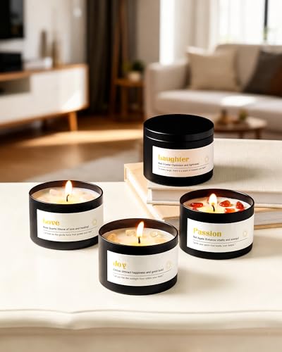AOOVOO Crystal Energy Candles Set for Women - Soy Candle for Home Scented | 4 Pack 26 oz, 200 Hour Long Lasting Candle, Laughter Red Crystal/Love Rose Quartz/Joy Citrine/Passion Red Quartz - color: Energy Candles Set
