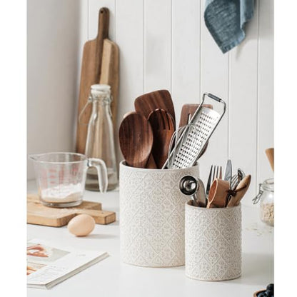 Utensil Holder Set of 2, 7.3”+5.2”Ceramic Utensil Crock Organizer | Farmhouse Countertop Storage, Embossed Pattern - color: Off-White Set of 2