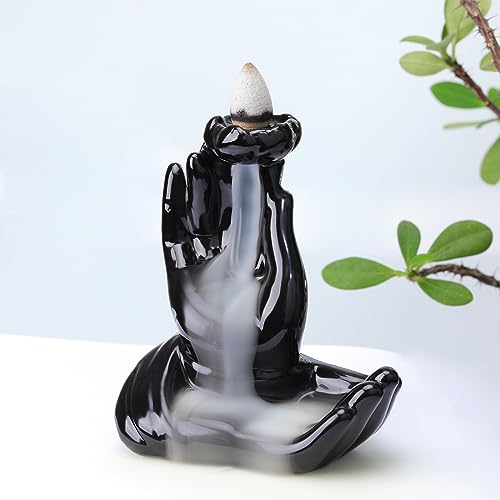 Buddha Hand Backflow Incense Burner Smoke Waterfall Incense Burner Ceramic Buddha Incense Holder Incense Cone Burner for Yoga Meditation and Home Decor - color: Double Bergamot Backflow Incense Burner