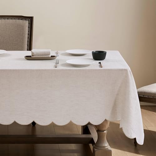 100% French Flax Linen Tablecloths Scalloped Embroidery Rectangle 84Lx60W Inch for Dinners, Parties, Spring, Easter, Machine Washable, 6-8 Sets, Linen(Edges-Gold) - color: Linen(edges-gold), size: 84" x 60" (Rectangular)