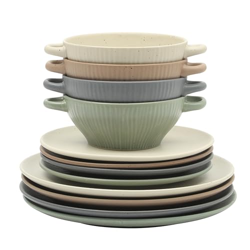 Gibson Elite Clover Hill 12-Piece Stoneware Dinnerware Set – Assorted Colors in Sage Green, Charcoal, Taupe & Cream – Embossed Reactive Glaze Plates & Bowls, Microwave & Dishwasher Safe, Service for 4 - color: Assorted Colors (Clover Hill), size: Service