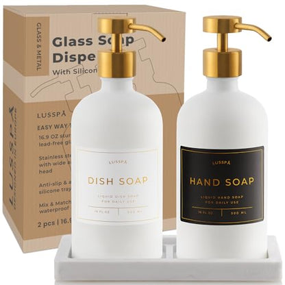 Glass Soap Dispenser Set of 2 (White) with Silicone Tray | Hand and Dish Soap Dispenser for Kitchen and Bathroom | 16.8 Oz Glass Bottles with Stainless Steel Pump & 15 Waterproof Labels (White/Gold) - color: White/Gold