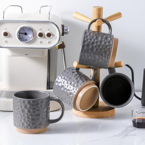 Nihow 16OZ Stackable Coffee Mug Set, Large Ceramic Coffee Mug Set of 4,Coffee Cup Set for Cappuccino/Latte/Cocoa,Dishwasher & Microwave Safe,Matte Gray - color: Matte Gray, size: 16 oz Without Stand