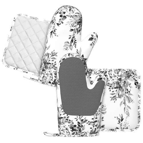 Black and White Eucalyptus Oven Mitts and Pot Holders Set, 4pcs Silicone Grey Watercolor Plant Leaves Oven Glove for Kitchen Heat Resistant Oven Mitts and Potholders Non-Slip for Cooking - color: Black White