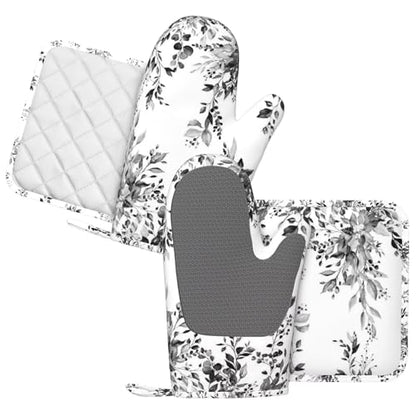 Black and White Eucalyptus Oven Mitts and Pot Holders Set, 4pcs Silicone Grey Watercolor Plant Leaves Oven Glove for Kitchen Heat Resistant Oven Mitts and Potholders Non-Slip for Cooking - color: Black White