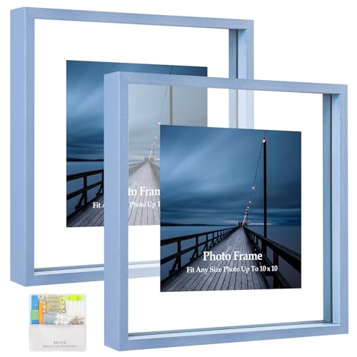 MUYE 10x10 Floating Frame Set of 2,Double Real Glass Square Photo Frame,Display Any Size Photo up to 10x10,Wall Mount or Tabletop Standing,Blue - color: Blue, size: 10x10