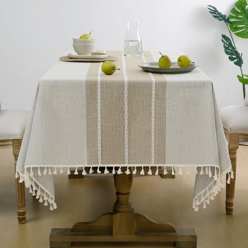 Softalker Outdoor Linen Tablecloth Square, Waterproof Cotton Boho Farmhouse Table Cloths with Tassel, Heavy Weight Wrinkle Free Table Cover for Picnic Camping Dining - 55 x 55 Inch, Coffee Lines - color: Coffee Lines, size: 55" x 55" (Square)