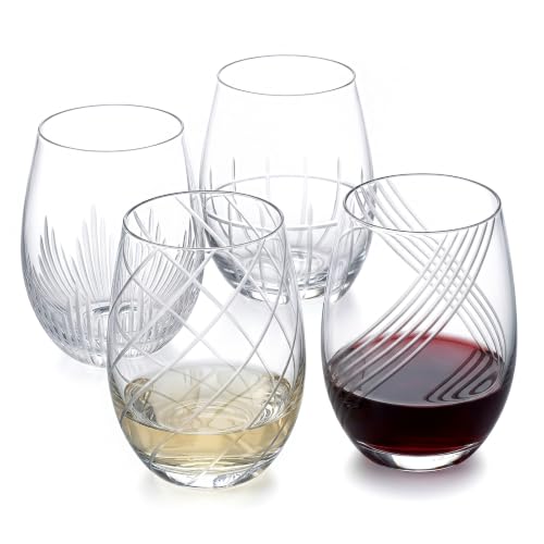 MyGift Set of 4 Modern Stemless Wine Glasses with Etched Geometric Pattern – Decorative Glass Drinkware for Wine, Cocktails, and Entertaining