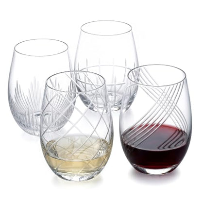 MyGift Set of 4 Modern Stemless Wine Glasses with Etched Geometric Pattern – Decorative Glass Drinkware for Wine, Cocktails, and Entertaining
