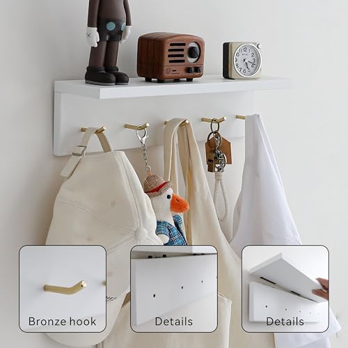 Wall Mounted Coat Rack with Shelf & Key Hooks, 5 Brass Hooks Entryway Organizer, Modern Floating Shelf for Bedroom Hallway, Space-Saving Home Storage Rack (1, White) - color: White