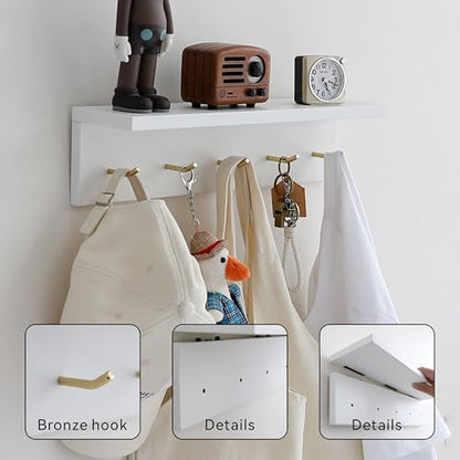 Wall Mounted Coat Rack with Shelf & Key Hooks, 5 Brass Hooks Entryway Organizer, Modern Floating Shelf for Bedroom Hallway, Space-Saving Home Storage Rack (1, White) - color: White