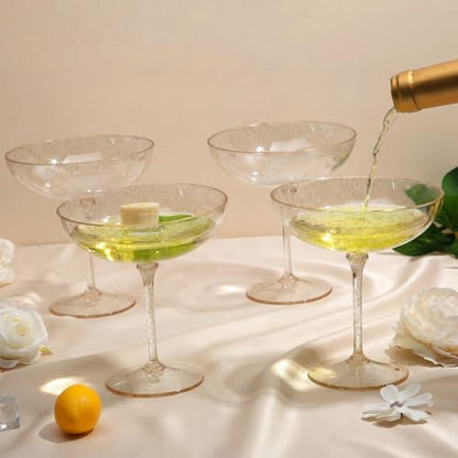LemonRoad 24 Pcs Detachable Martini Glasses 9oz Disposable Plastic Coupe Cocktail Dessert Glassware Set for Champagne Wine Wedding Birthday Holiday Party Supplies (Transparent Gold Powder) - color: Transparent Gold Powder