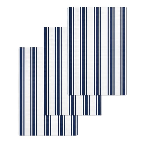 Navy Blue Striped Hand Towels Set, Waffle Weave Kitchen Towels 3 Pieces, Farmhouse Aesthetic Modern Stripes Microfiber Hair Face Bath Tea Towel Absorbent Quick Drying Cleaning Dish Cloths, 15.7"x23.6" - color: Navy, White, Blue, size: 3PCS,15.7"x23.6"