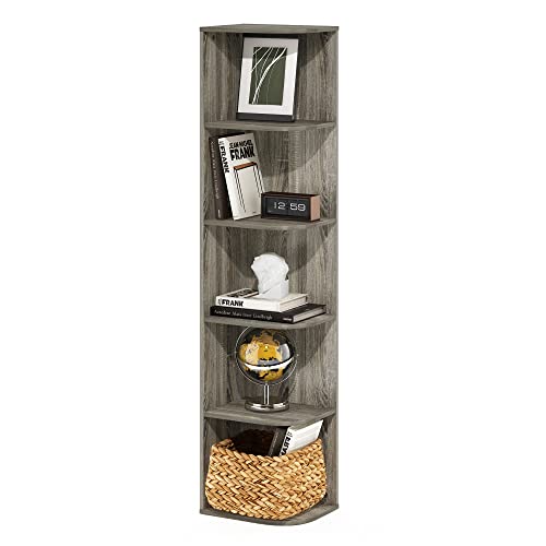 Furinno PASIR Book Shelf, 5-Tier Corner Bookshelf with Open Shelf, Standing Bookcase, 9.3 x 12 x 51.7, for Organization and Storage, for Living Room, Bedroom, Home Office, French Oak - color: French Oak, size: 5-Tier Corner