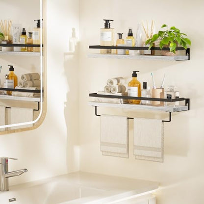 Amada Bathroom Shelves with Towel Bar, Set of 2, White | Floating Shelves with Detachable Towel Bar, Protective Metal Guards, Paulownia Wood, Bathroom, Living Room & Kitchen Storage - color: White