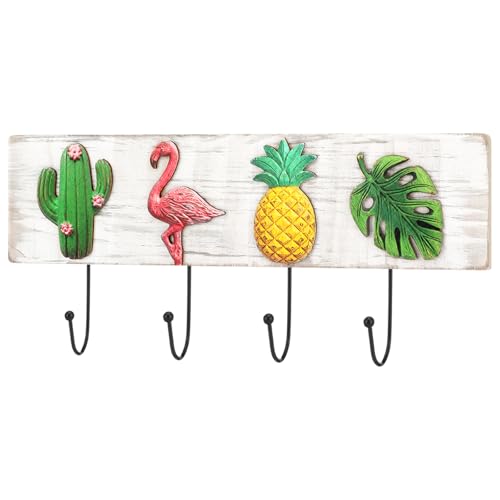 Tropical Coat Rack with 4 Hooks Pineapple Flamingo Cactus Monstera Leaf Wall Mounted Hooks Decor Tropical Theme for Home Entryway Bathroom Hats Keys Towels - style: Flamingos
