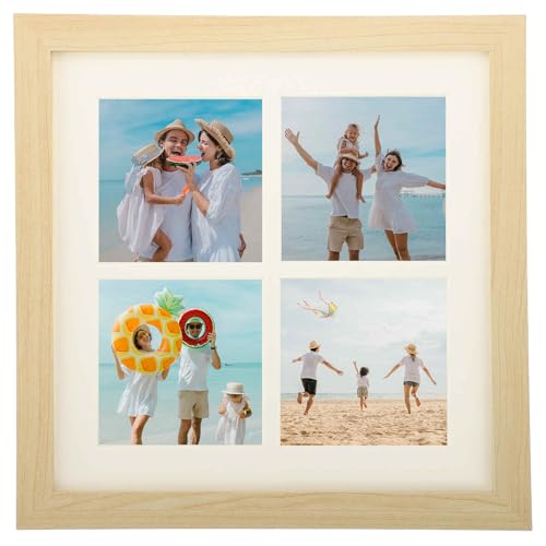 MECCANIXITY 11x11 Collage Picture Frame, Displays 4Pcs 3.5x3.5 Pictures with Mat, Solid Oak Wood Clear Acrylic Sheet Wall Mounting and Tabletop Display, Natural Wood, 1Pcs - color: Natural Wood