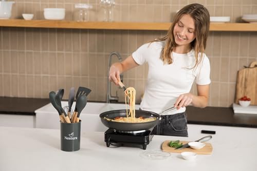 Compact Silicone Kitchen Utensil Set by Nestura, 12-Piece Cooking Utensils with Holder, BPA-Free Heat Resistant Tools with Beechwood Handles for Small Kitchens, Apartments, RVs, Dorms & Gifting