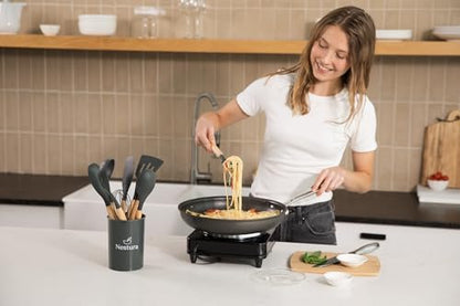 Compact Silicone Kitchen Utensil Set by Nestura, 12-Piece Cooking Utensils with Holder, BPA-Free Heat Resistant Tools with Beechwood Handles for Small Kitchens, Apartments, RVs, Dorms & Gifting