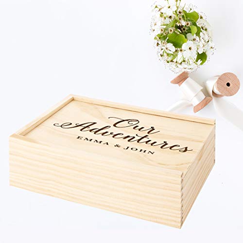 Koyal Wholesale Custom Engraved Cursive Our Adventures Wedding Keepsake Box, 4 x 6 -inch, Custom Names, Natural Wood Keepsake Box with Lid, Gift for Him & Her Photo Album Memory Gift Box - color: Cursive Our Adventures