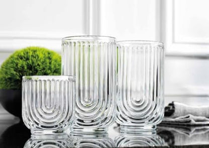 Glaver's 16-Piece Drinking Glass Set, Art Deco Ribbed Arch Design, Clear U-Shape Glassware, 17oz Highball and 11oz DOF Glasses - style: Clear S/16 17oz 11oz